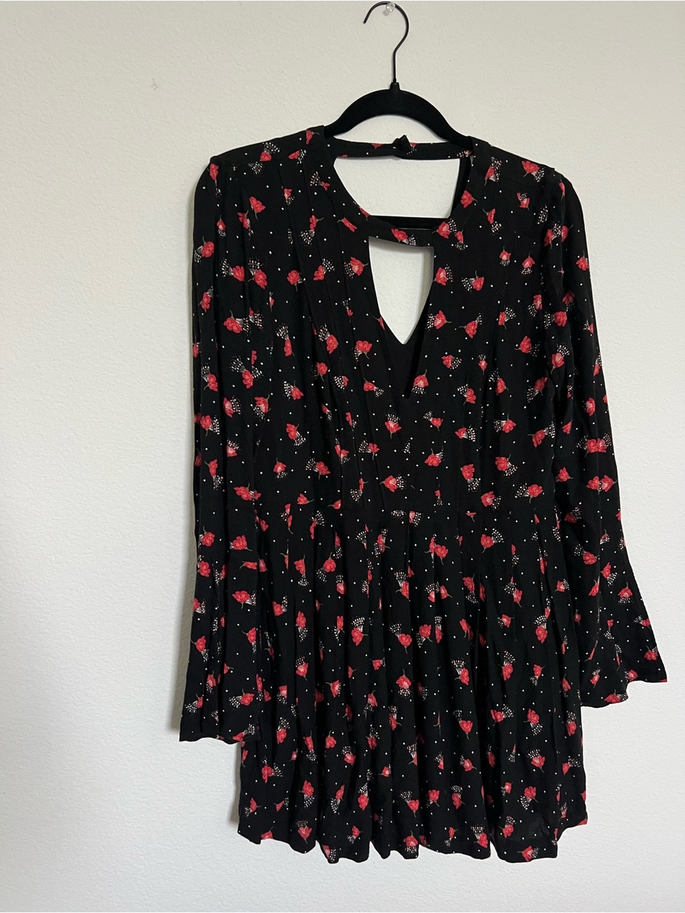 Free People Black Dress with Red Floral Print and Keyhole Neck